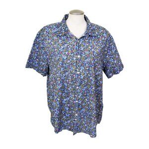 Springfield Shirt Button Up Women Plus 2XL Blue Ditzy Floral Cotton Short Sleeve